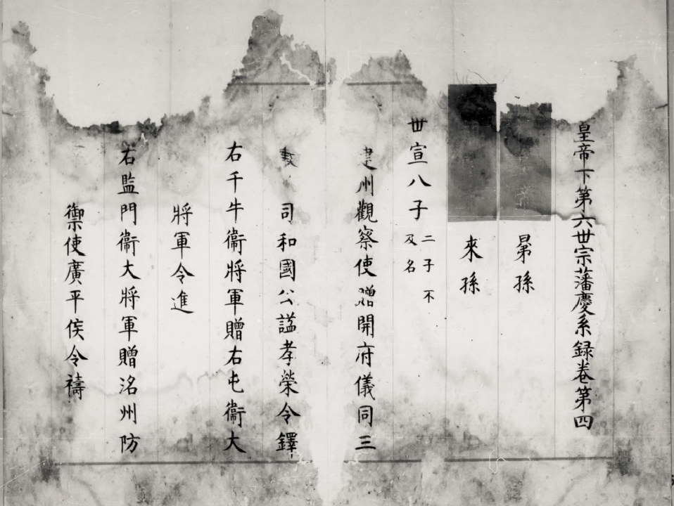 南宋寫本《宗藩慶系錄》書影：直行墨書的譜牒殘葉，首行題「皇帝下第六世宗藩慶系錄卷第四」，逐行記宗室成員的終官（如右千牛衛將軍、右監門衛大將軍等），紙葉上緣殘破、有大片水漬。