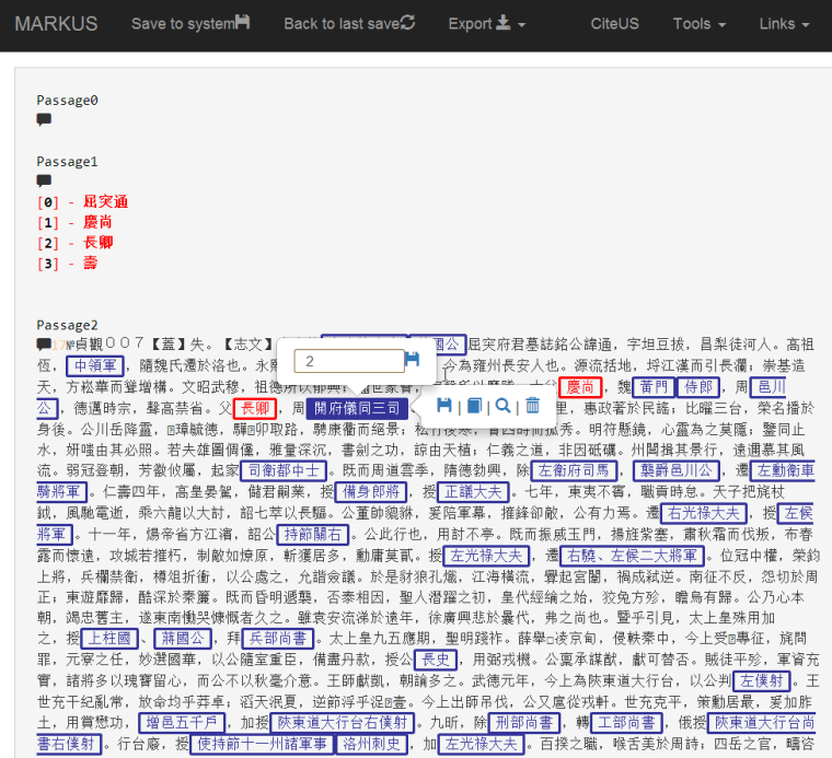 MARKUS tagging interface: a Tang epitaph as Passage0–2, person names in red and office titles boxed in blue; Passage1 lists the names 屈突通, 慶尚, 長卿, 壽.
